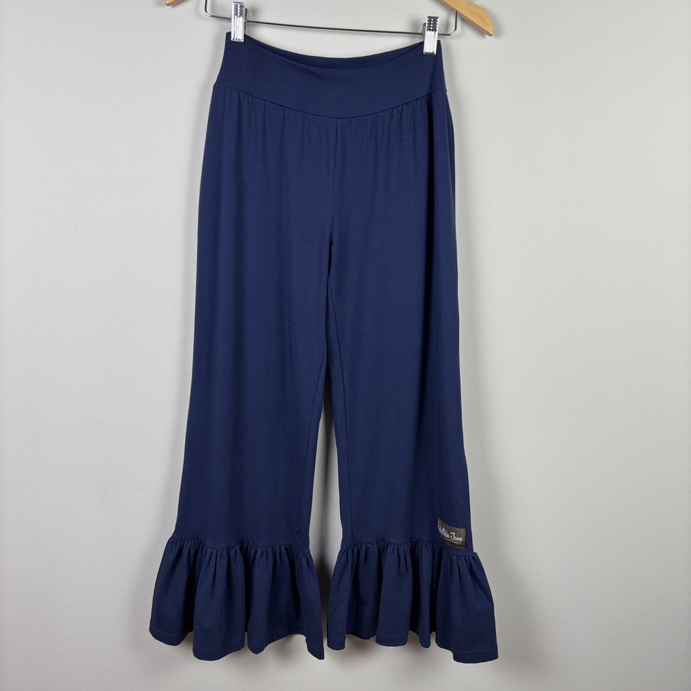 Matilda Jane Big Ruffle Pants Women Small Navy Blue Wide Leg Cotton Pull On Crop